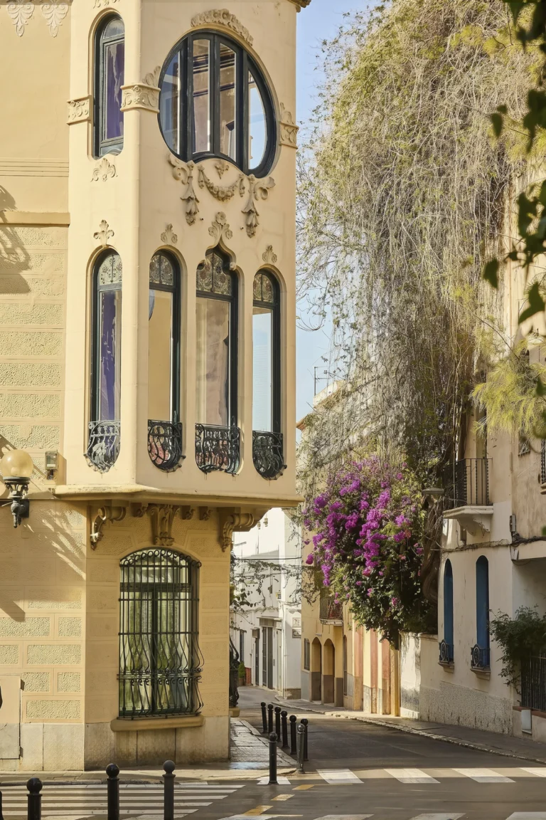 Modernistische Fassade der Americanos-Häuser in Sitges, mit schmiedeeisernen Fenstern und Bougainvillea-Blüten